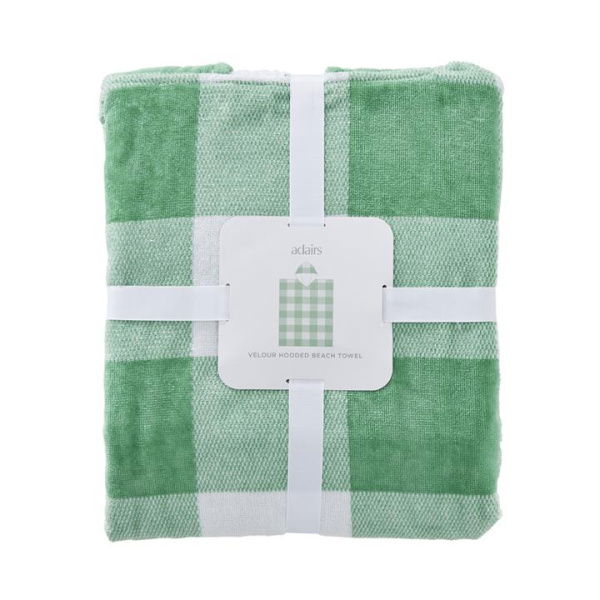 Adairs Green Hooded Towel Velour Green Gingham Hooded Beach Towel