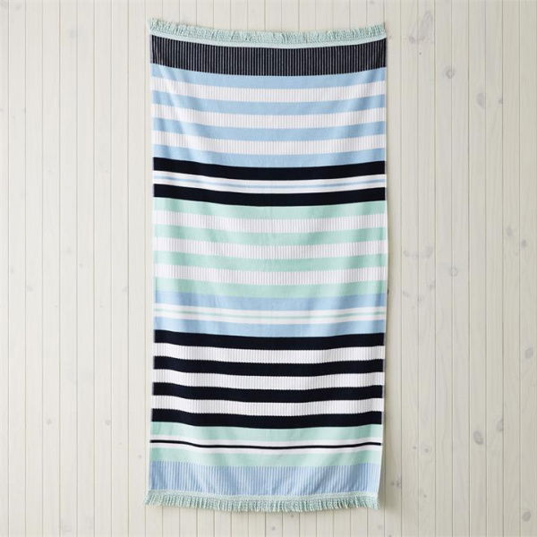 Adairs Blue Beach Towel Velour Holiday Stripe Aqua Beach Towel Blue