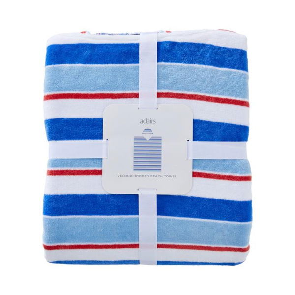 Adairs Blue Hooded Towel Velour Ocean Stripe Blue Hooded Beach Towel