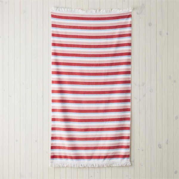 Adairs Red Beach Towel Velour Ocean Stripe Red Beach Towel