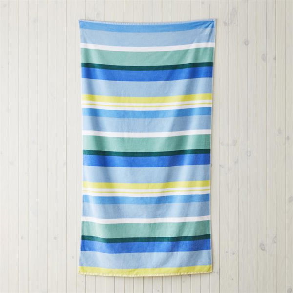 Adairs Blue Beach Towel Velour Pacific Stripe Aqua