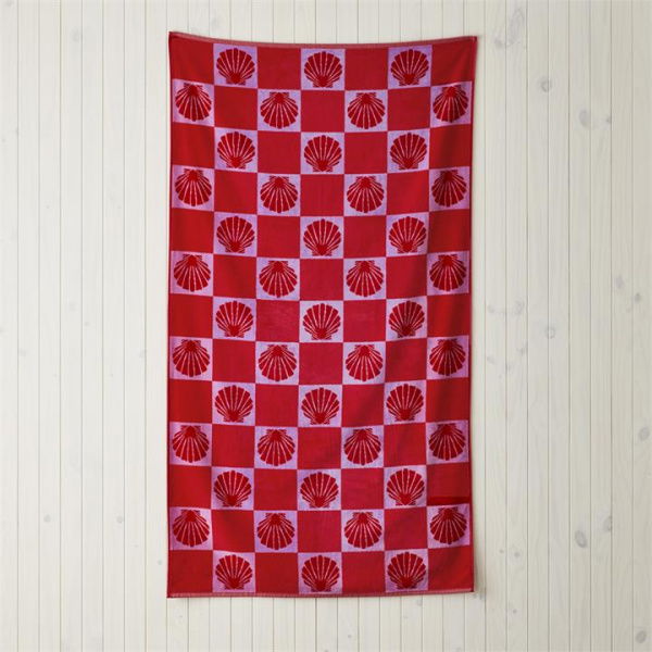 Adairs Red Beach Towel Velour Red Shell Check Beach Towel