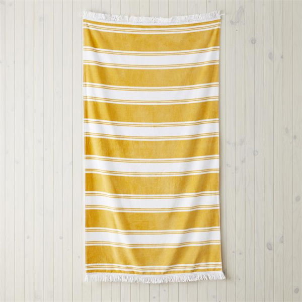 Adairs Yellow Beach Towel Velour Summer Stripe Yellow Beach Towel