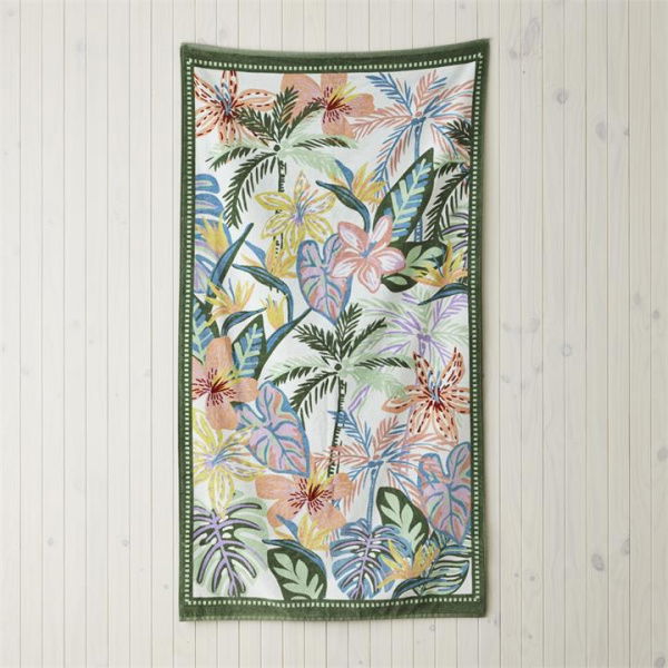 Adairs Green Beach Towel Velour Tropical Green Beach Towel