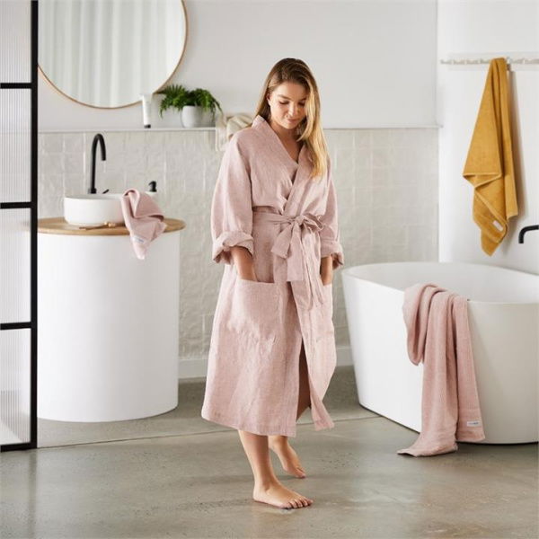 Adairs Pink Bathrobe Vintage Washed Linen Bath Robe One Size Nude