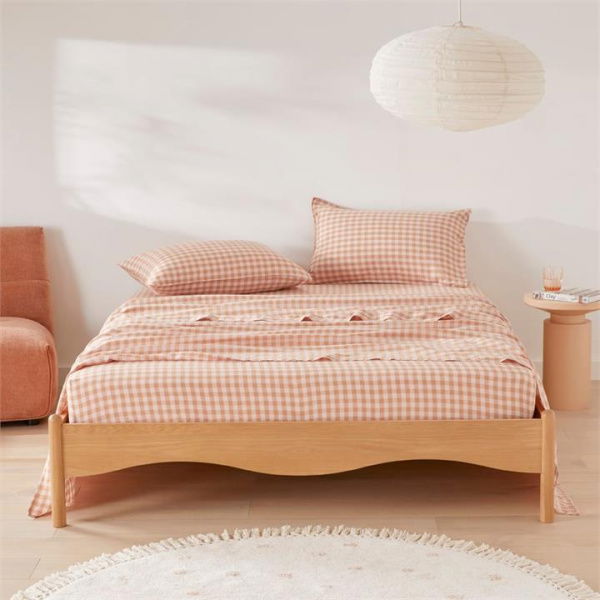 Adairs Brown Single Vintage Washed Linen Caramel & Pink Check Fitted Sheet