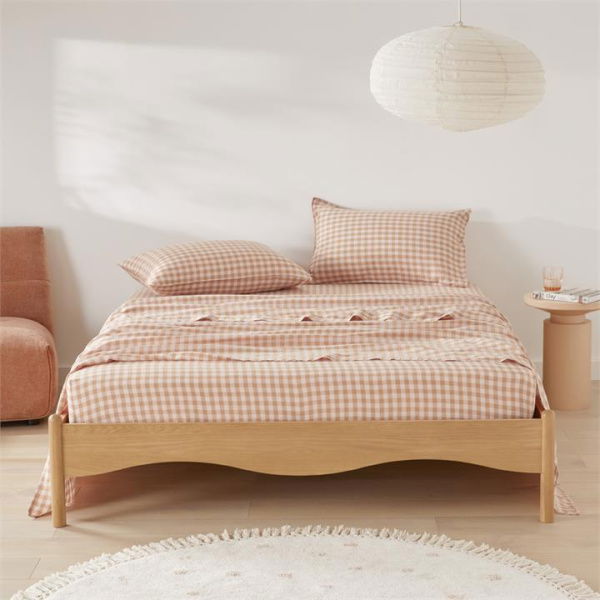 Adairs Brown Vintage Washed Linen Caramel & Pink Check Double Flat Sheet