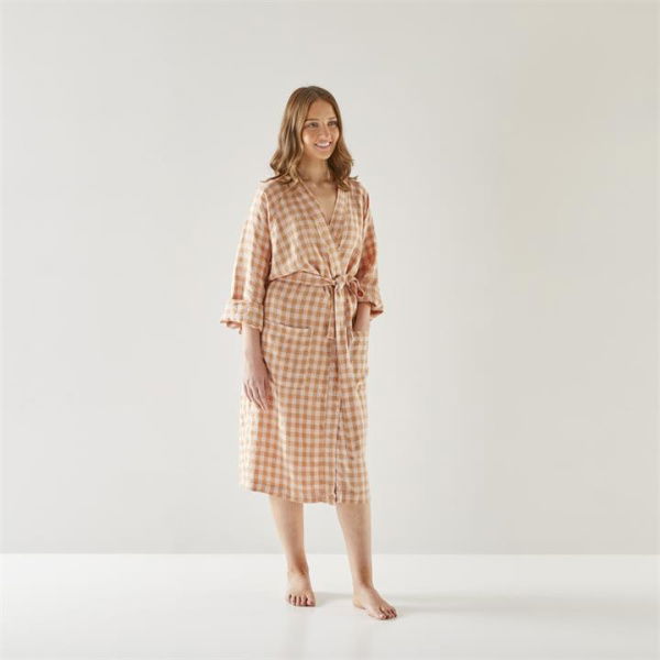 Adairs Orange Bathrobe Vintage Washed Linen Caramel & Pink Check Robe