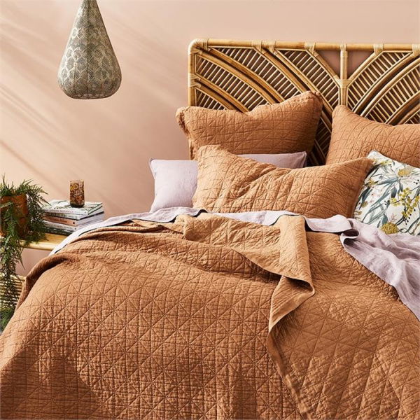 Adairs Vintage Washed Linen Caramel Quilted Coverlet - Orange (Orange Queen/King)