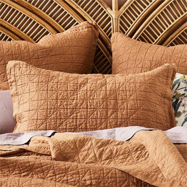 Adairs Vintage Washed Linen Caramel Quilted Pillowcase - Brown (Brown Standard Pillowcase Each)