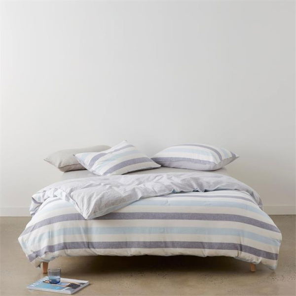 Adairs Vintage Washed Linen Cotton Atlantic Stripe Blue Quilt Cover Set (Blue Double)