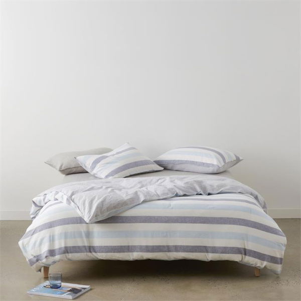 Adairs Vintage Washed Linen Cotton Atlantic Stripe Blue Quilt Cover Set (Blue Single)