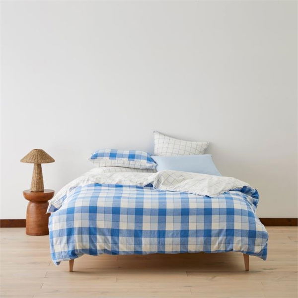 Adairs Blue Vintage Washed Linen Cotton French Blue Check Quilt Cover Set