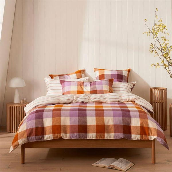 Adairs Purple King Extra Long Vintage Washed Linen Cotton Grape Check Quilt Cover Set