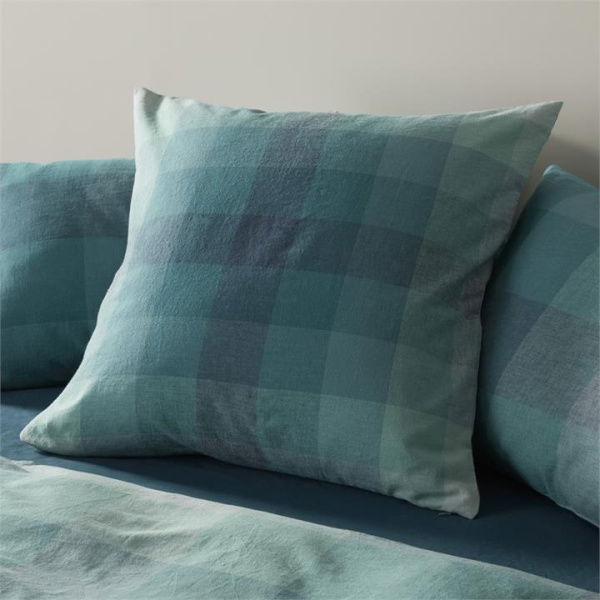 Adairs Vintage Washed Linen Cotton Ombre Check Teal Pillowcase - Blue (Blue European Pillowcase Each)