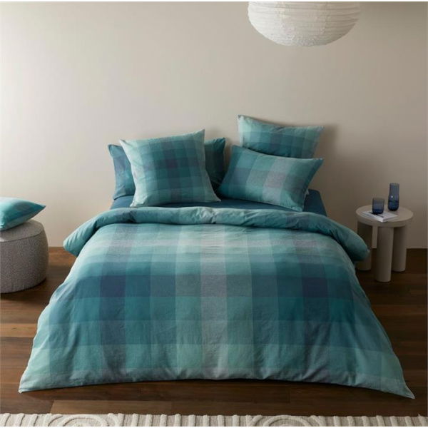 Adairs Vintage Washed Linen Cotton Ombre Check Teal Quilt Cover - Blue (Blue Double)