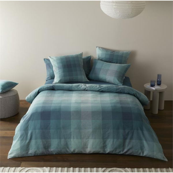 Adairs Vintage Washed Linen Cotton Ombre Check Teal Quilt Cover - Blue (Blue King)