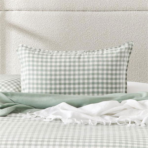 Adairs Vintage Washed Linen Eucalyptus Check Pillowcase - Green (Green King Pillowcase Pair)