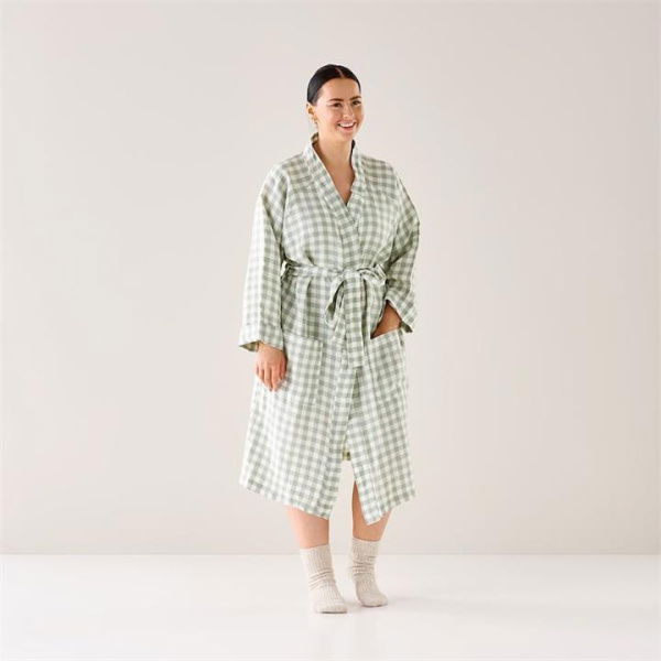 Adairs Green Bathrobe Vintage Washed Linen Eucalyptus Check Robe Green