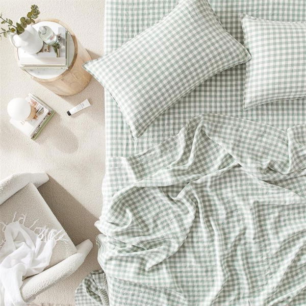 Adairs Vintage Washed Linen Eucalyptus Check Sheet Separates - Green (Green King)