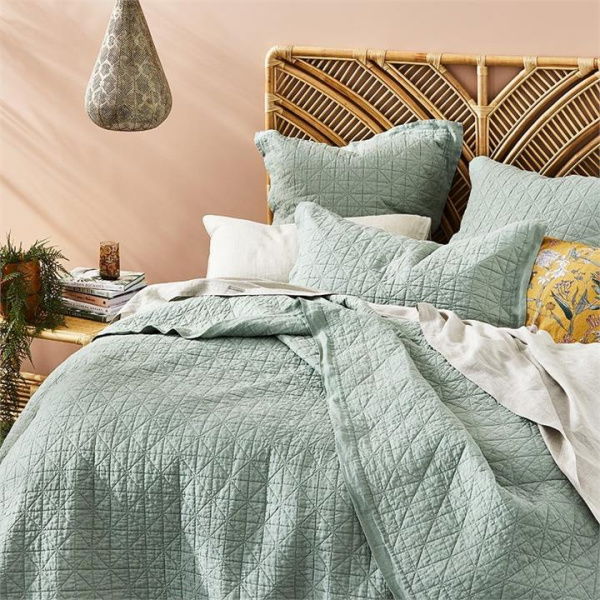 Adairs Vintage Washed Linen Eucalyptus Quilted Coverlet - Green (Green Queen/King)