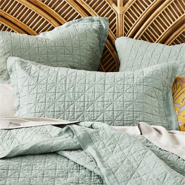 Adairs Vintage Washed Linen Eucalyptus Quilted Pillowcases - Green (Green European Pillowcase Each)