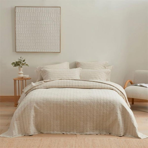 Adairs Vintage Washed Linen Fine White & Linen Stripe Quilted Coverlet (White Queen/King)