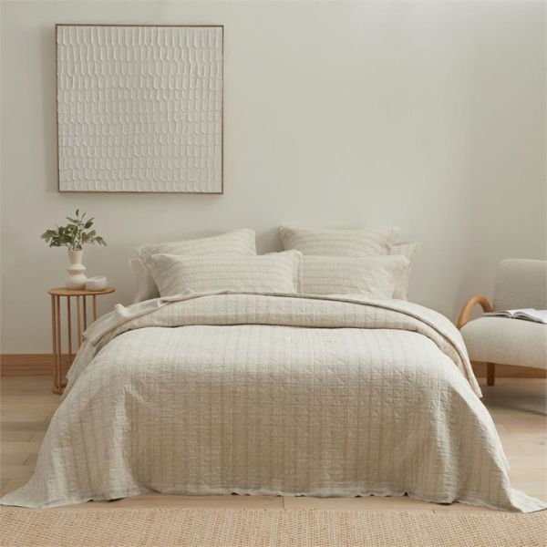 Adairs Vintage Washed Linen Fine White & Linen Stripe Quilted Pillowcase (White European Pillowcase Each)