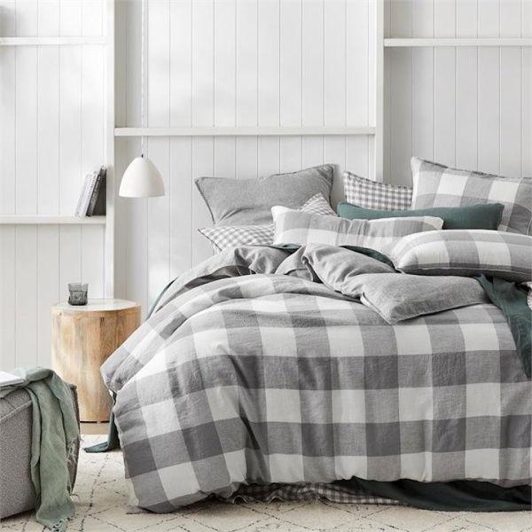 Adairs Grey Double Vintage Washed Linen Grey Marle Check Quilt Cover