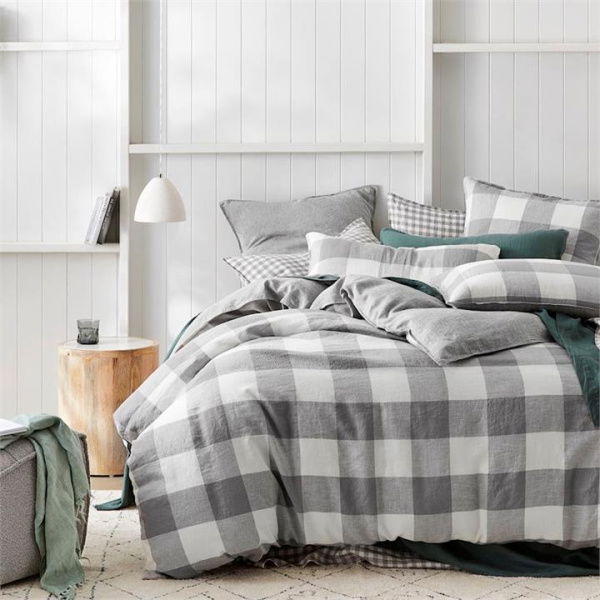 Adairs Grey King Vintage Washed Linen Grey Marle Check Quilt Cover