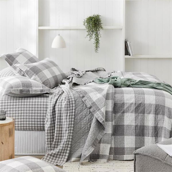 Adairs Grey Queen/King Vintage Washed Linen Grey Marle Large Check Quilted Coverlet