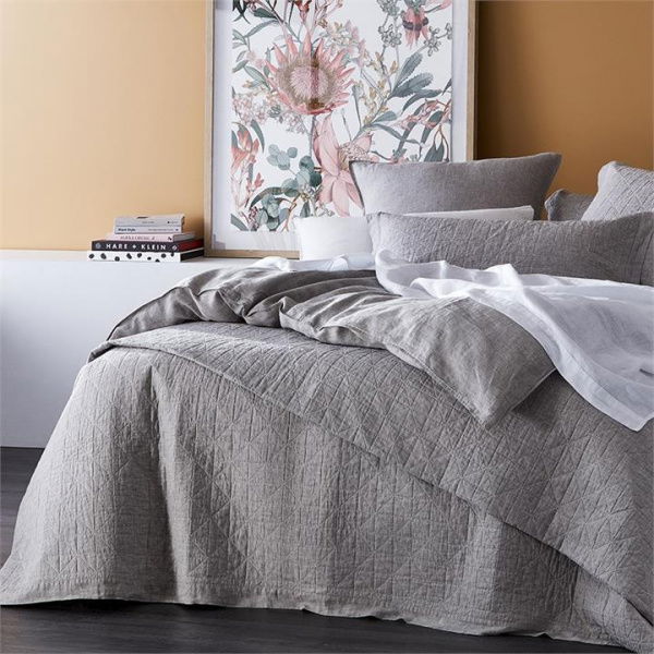 Adairs Grey Queen/King Vintage Washed Linen Grey Marle Quilted Coverlet