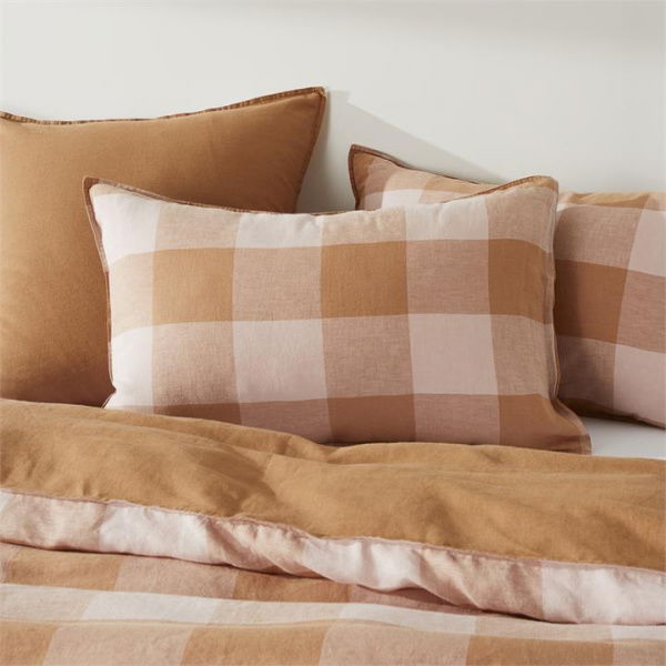 Adairs Pink Vintage Washed Linen Large Caramel & Pink Check European Pillowcase Each