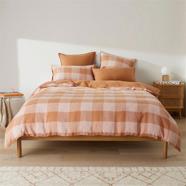 Adairs Pink Vintage Washed Linen Large Caramel & Check Single Quilt Cover