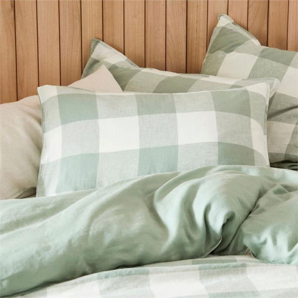 Adairs Green European Pillowcase Each Vintage Washed Linen Large Eucalyptus Check Green