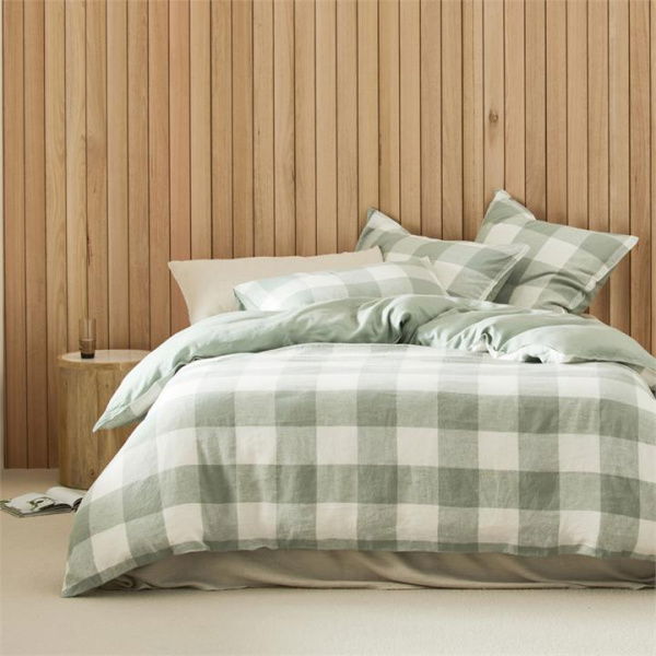 Adairs Green Vintage Washed Linen Large Eucalyptus Check King Quilt Cover