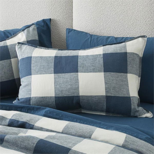 Adairs Vintage Washed Linen Large Navy Check Pillowcase - Blue (Blue European Pillowcase Each)