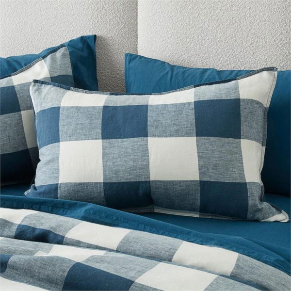 Adairs Vintage Washed Linen Large Navy Check Pillowcase - Blue (Blue King Pillowcase Pair)