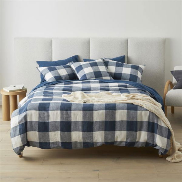 Adairs Vintage Washed Linen Large Navy Check Quilt Cover - Blue (Blue Double)