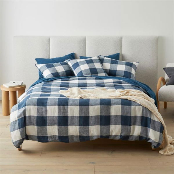 Adairs Vintage Washed Linen Large Navy Check Quilt Cover - Blue (Blue King)