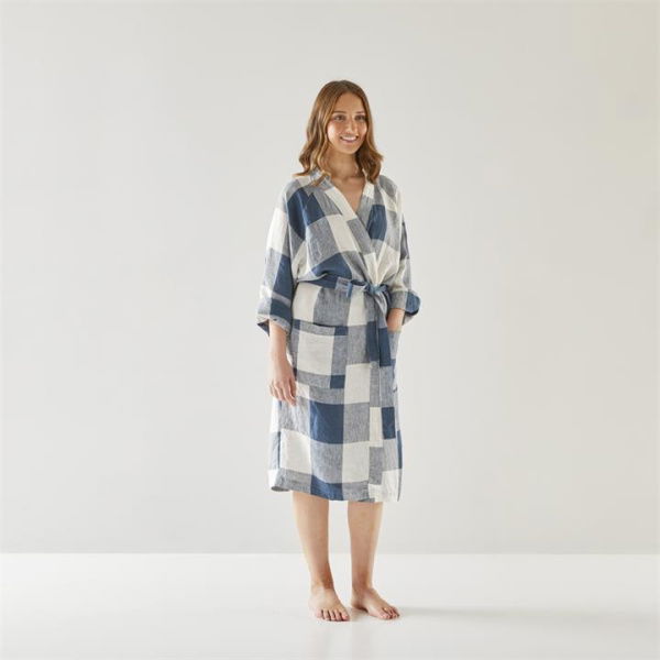 Adairs Blue Bathrobe Vintage Washed Linen Old Navy Large Check Robe