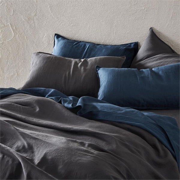 Adairs Vintage Washed Linen Sheet Separates in Old Navy - Blue (Blue Double Fitted Sheet)