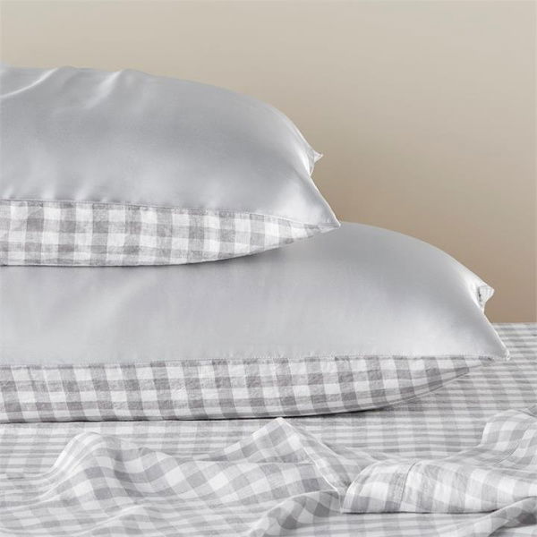 Adairs Grey King Pair Vintage Washed Linen Silk Grey Check Pillowcase