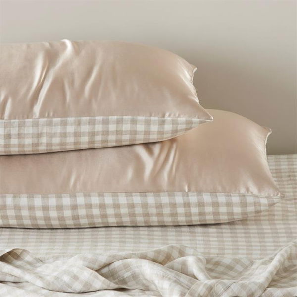 Adairs Natural Silk Linen Check Vintage Washed Linen King Pillowcase Pair