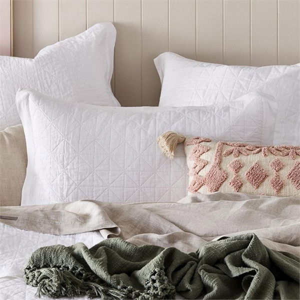 Adairs Vintage Washed Linen White Quilted Pillowsham (White Standard Pillowsham Each)