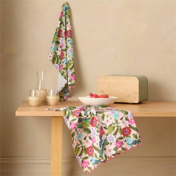 Adairs Winter Berry Bird Green & Pink Tea Towel Pack of 2 (Green Pack of 2)