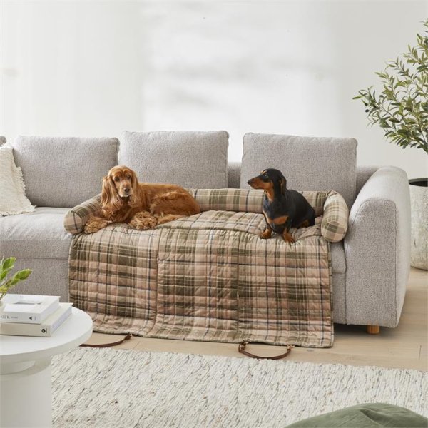 Adairs Natural Pet Bed Fetch Maisy Biscuit & Forest Check Double Fold