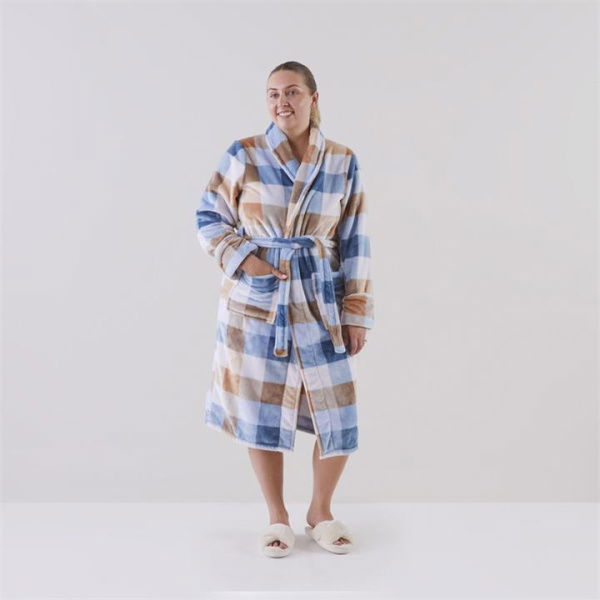 Printed Ultra Soft Bailey Natural & Blue Check Robe | Adairs (Natural Bathrobe)