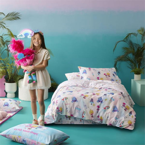 Adairs Pink Queen Trolls Born Sparkly Rainbow Quilt Cover Set