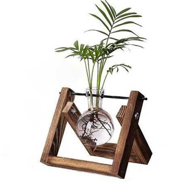 1 Bulb Vase Plant Terrarium with Wooden Stand, Air Planter Bulb Glass Vase Metal Swivel Holder Retro Tabletop for Hydroponics Home Office Decoration